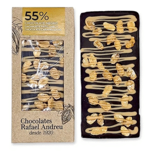 Tableta de Chocolate Negro 55% Cacahuetes Fritos, Miel y Chocolate Caramelizado – 80 gr. – Rafael Andreu