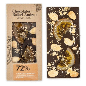 Tableta de Chocolate Negro 72% Naranja, Almendra y Sésamo – 80 gr. – Rafael Andreu