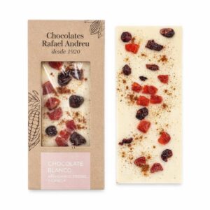 Tableta de Chocolate Blanco Arándanos, Fresas y Canela – 80 gr. – Rafael Andreu