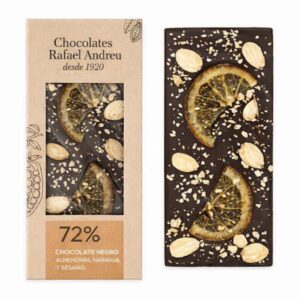 Tableta de Chocolate Negro 72% Naranja, Almendra y Sésamo – 80 gr. – Rafael Andreu